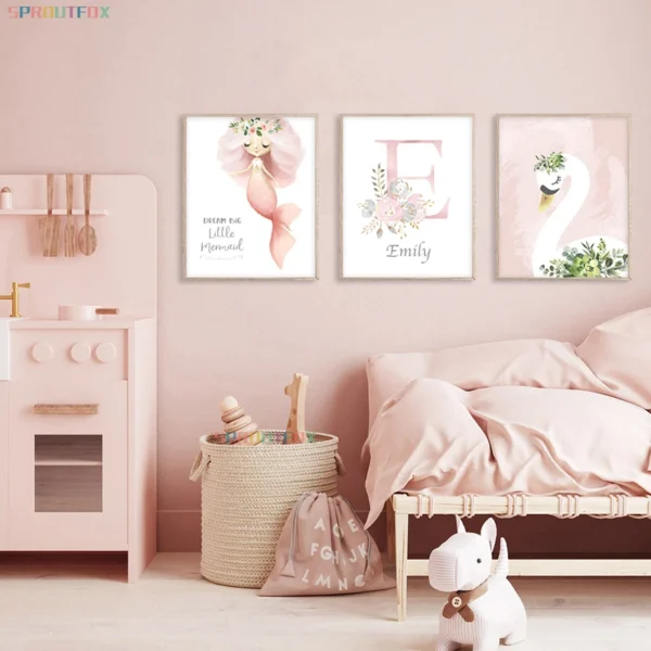 Affiche sirène rose avec couronne pour chambre de bébé fille