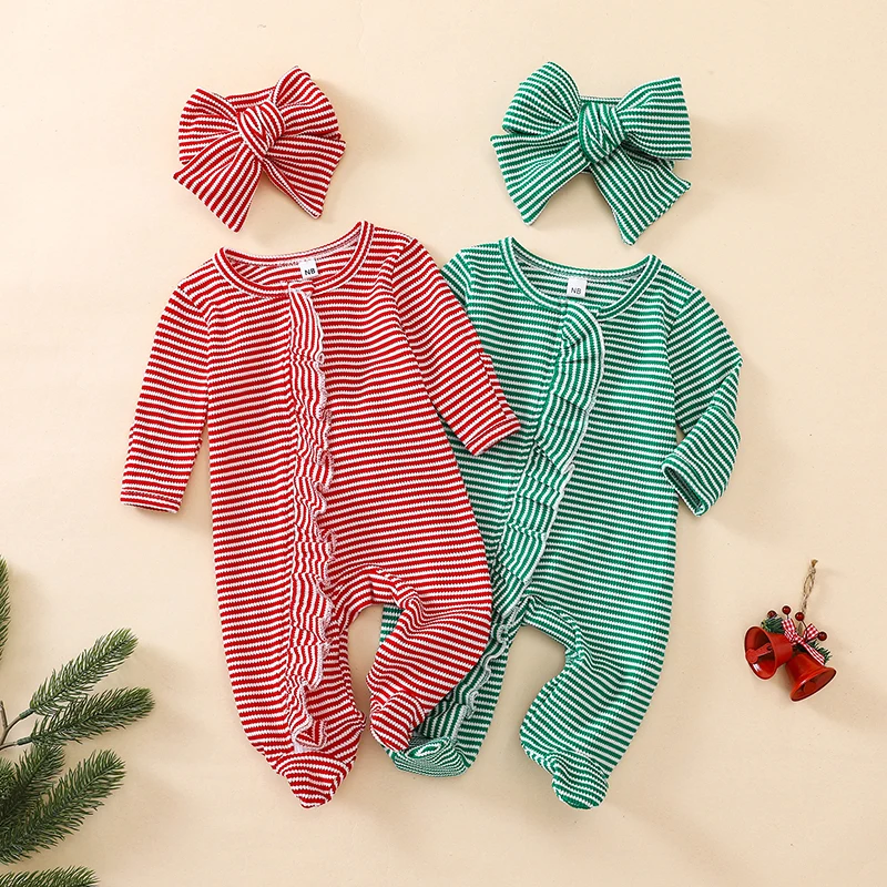 Combinaison à rayures à manches longues pour bébé fille avec volants et bandeau