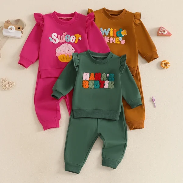 Embroidered Ruffle Sweatshirt and Elastic Pants Outfit