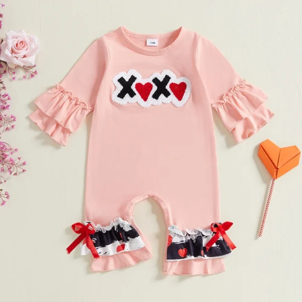 Soft Embroidered Heart Ruffle Sleeve Baby Romper