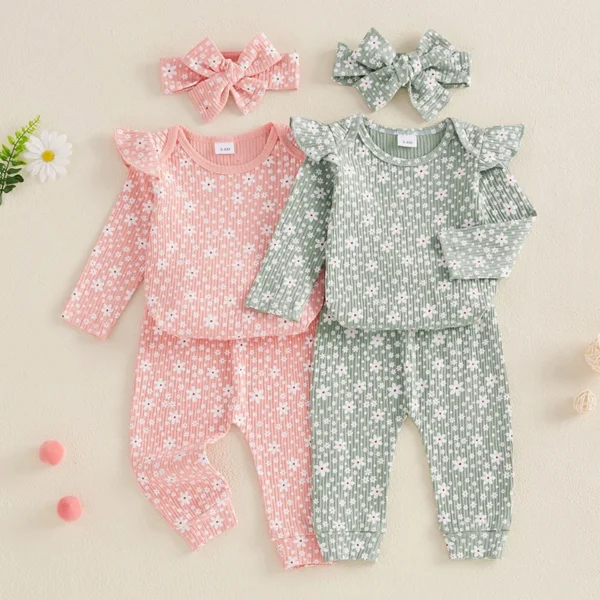 Floral Print Long Sleeve Ruffled Romper and Trousers Set with Hair Band