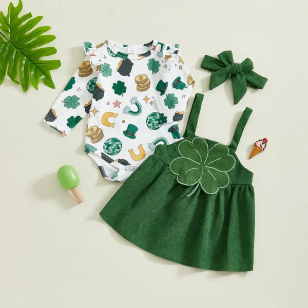 Cartoon Print Ruffle Long Sleeve Romper with Clover Suspender Skirt and Headband