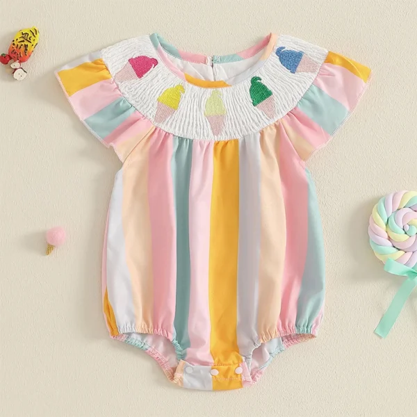 Summer Smocked Baby Romper with Ice Cream Embroidery