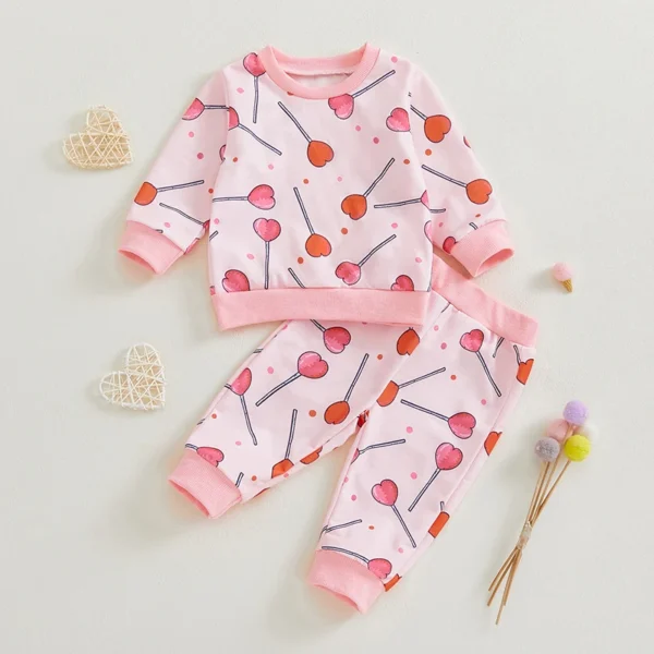 Heart Candy Print Long Sleeve Sweatshirt and Pants Set