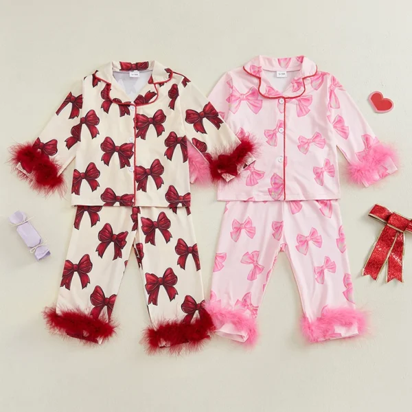 Feather Trim Bow Print Pajamas Set
