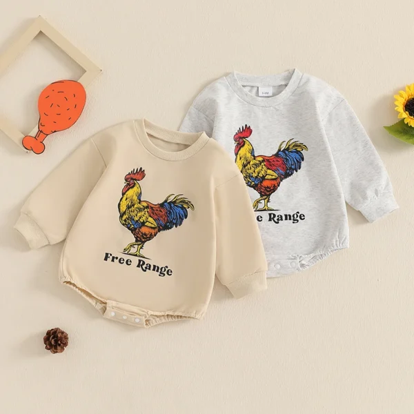 Bubble Romper with Rooster Letter Print and Long Sleeves